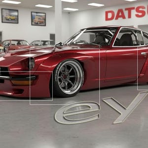 Puede incluir: Un deportivo Datsun rojo brillante con ruedas personalizadas y un perfil bajo. El coche está en una sala de exposición con la palabra "Datsun" en letras rojas grandes en la pared. La palabra "eye" está en el suelo frente al coche.