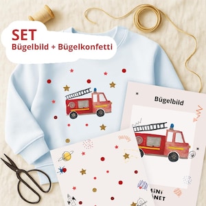 Könnte beinhalten: Hellblaues Sweatshirt mit rotem Feuerwehrauto-Design und goldenen Sternen. Das Bild enthält Bügelbilder und Konfetti, sowie eine Schere und Garnrollen. Der Text auf dem Bild lautet "SET Bügelbild + Bügelkonfetti".