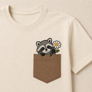 May include: A cream-colored short-sleeve t-shirt featuring a brown chest pocket. An embroidered graphic of a gray and black raccoon peeking out of the pocket is visible, holding a white daisy flower with a yellow center and a green stem.