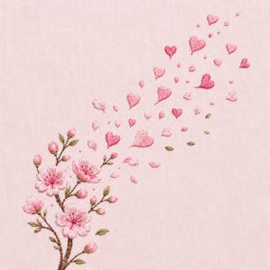 May include: An embroidery design on light pink fabric featuring a brown branch with blooming pink cherry blossoms and buds. A trail of small, stitched pink hearts and petals drifts upward and to the right, creating a delicate, flowing pattern.