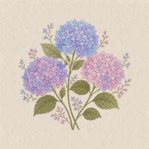 May include: A detailed illustration of three hydrangea flower heads in shades of blue, purple, and pink. The flowers are surrounded by green leaves and small buds, all set against a beige background.