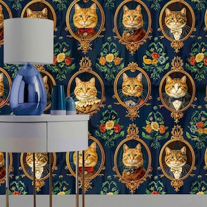 May include: Dark blue wallpaper with repeating portraits of cats in gold frames, wearing bow ties and collars. The background has floral and foliage patterns. A blue lamp and side table are in the foreground.