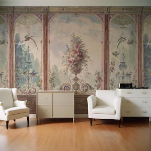Rococo Chinoiserie Mural, Bird Floral Wallpaper, Vintage Panel Wall Art