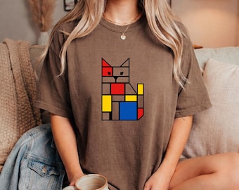 Piet Cat T-Shirt Abstract Art Cat Lover Gift, Mondrian-Style Cat Graphic Tee