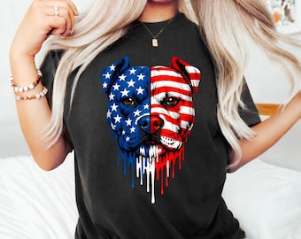 Patriotic Dog American Flag Face Drip Design T-Shirt, USA Pitbull Lover Gift, 4th of July Dog Graphic Tee  A/B Titles