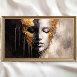 Ram TV-konst, Porträtt av delat ansikte guld, Abstrakt kvinna oljemålning, Svart dekor