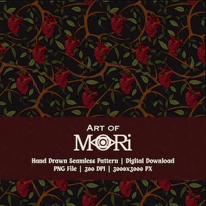 Scharlakansrött kött sömlöst mönster – handritad gotisk vintage hjärtdesign för tryck, tapeter (digital nedladdning)