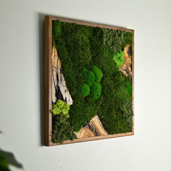 Olive Wood and Moss Wall Art, Square Wooden Decor, Botanical Home Accent