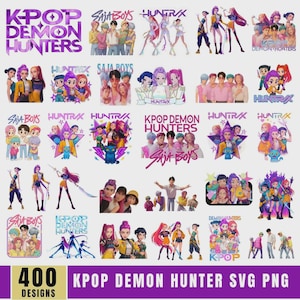 May include: A collection of digital designs featuring K-Pop-themed illustrations. The designs include various groups and characters, with text that reads "K-POP DEMON HUNTERS", "SAJA BOYS", and "HUNTRAX". The image also states "400 DESIGNS".
