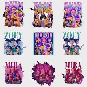 May include: Nine graphic designs showcasing stylized illustrations of groups of young women. Each design includes a name: RUMI, ZOEY, or MIRA. The RUMI designs feature women in yellow jackets. The ZOEY designs feature women in teal tops. The MIRA designs feature women in pink.