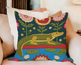刺繍入りクロコダイル枕カバー、花柄フォークアート、ティール湖畔装飾、18x18