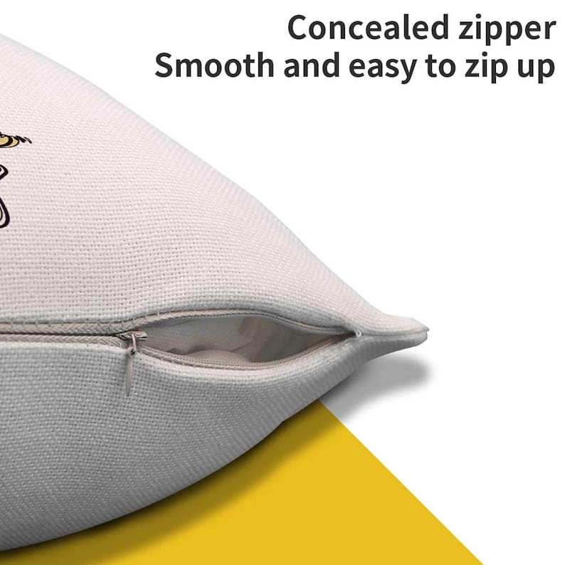 May include: Close-up of a white pillow with a concealed zipper. The text reads "Concealed zipper Smooth and easy to zip up". The pillow has a textured surface and a yellow and white background.