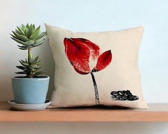 Poppy Flower Cushion Cover, Red Floral Throw Pillow Case,Botanical Line Art,Modern Neutral Sofa Decor,Scandinavian Japandi Accent, Gift