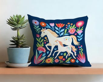 Unicorn Throw Pillow Cover, Navy Blue Floral Folk Art Cushion Case, Nursery Decor, Kids Room Accent, Whimsical Cottagecore Gift