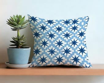 Square Throw Pillow Cover Blue Starburst Geometric Pattern, Modern Couch Cushion Case, Removable Zipper Cover, Mid Century Inspired Decor