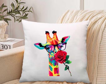 Colorful Giraffe Pillow Cover, Rose Print, Animal Decor
