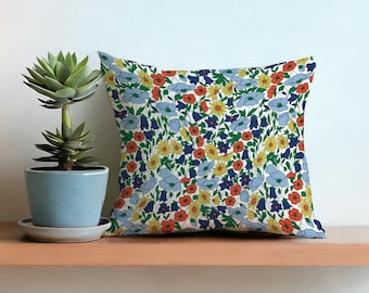 Floral Throw Pillow Cover, Botanical Wildflower Print, Blue Green Red Yellow, Square Cushion Case For Sofa Bed, Modern Cottagecore Decor