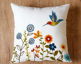 Hummingbird and Wildflower Cotton Linen Pillow Cover, Botanical Decor