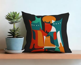 Black Throw Pillow Cover With Abstract Cat Faces, Mid Century Modern Color Block, Geometric Feline Art Cushion Case For Sofa Office Decor