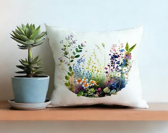 Floral Watercolor Throw Pillow Cover, Wildflower Garden Cushion Case, Botanical Home Decor, Sofa Bed Accent, Cottagecore Gift