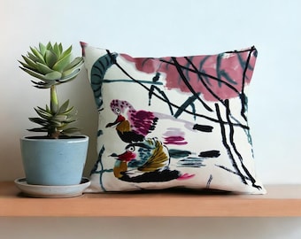 Cotton Linen Throw Pillow Cover, Abstract Birds Ink Brush, Square Sofa Cushion Case, Modern Neutral Home Decor, Hidden Zipper