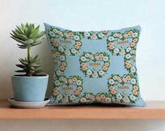 Mama Floral Heart Pillow Cover, Blue Daisy Pattern Cushion Case, Mother’s Day Gift, Farmhouse Nursery Decor, Removable Throw Pillow Sham