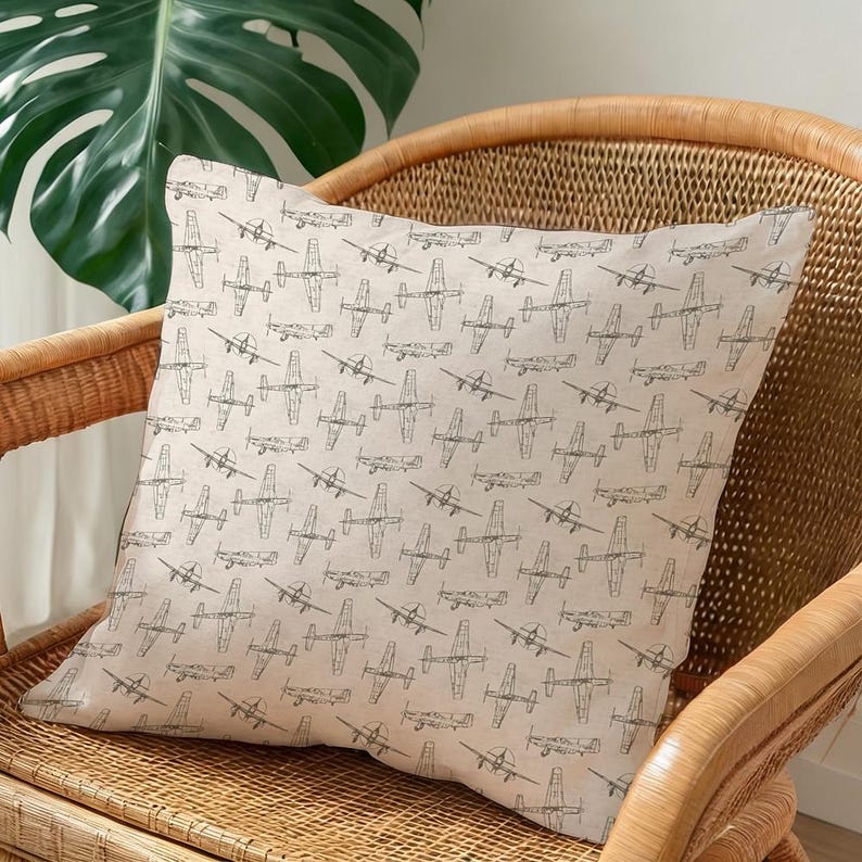 Airplane Sketch Pillow Cover, Aviation Nursery Decor, Kids Room Accent, 18x18 image 2