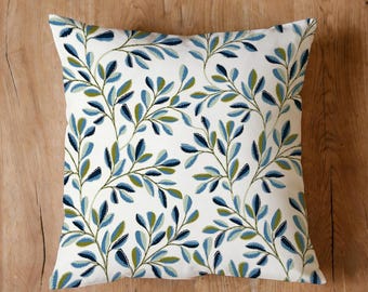Blue Green Botanical Leaf Pillow Cover, Farmhouse Cushion