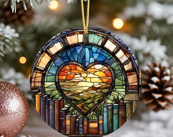 Ceramic Heart Book Ornament, Stained Glass Style Bookshelf Decor for Readers, Christmas Tree Gift for Book Lovers & Librarians