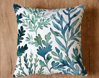 Watercolor Fern Pillow Cover, Blue Green Botanical Cushion, Coastal Decor