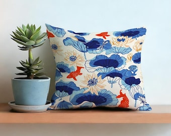 Cotton Linen Pillow Cover Blue Floral Koi Print, Square Cushion Case For Sofa Bed, Japanese Inspired Home Decor, Hidden Zipper