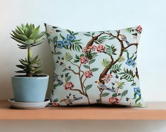 Bird And Floral Throw Pillow Cover, Botanical Branch Print Cushion Case, Living Room Sofa Decor, Hidden Zipper, Nature Home Accent