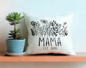 Mama Est 2025 Throw Pillow Cover, Floral Line Art Cushion Case, New Mom Gift, Mother’s Day Nursery Decor, Personalized Year Pillowcase