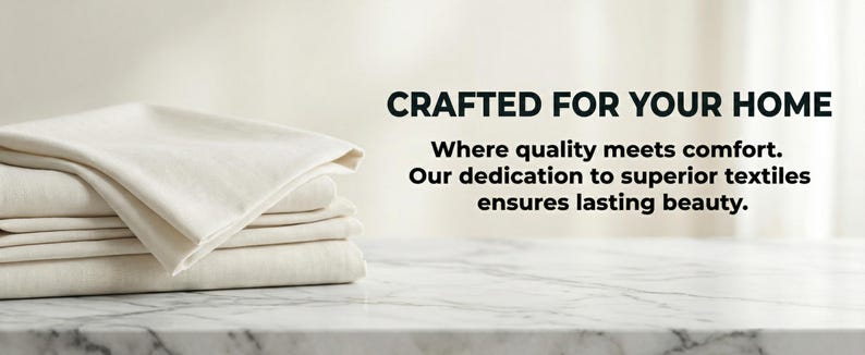 May include: A stack of folded, off-white bed sheets. The sheets are neatly arranged on a marble surface. Text in the image reads: CRAFTED FOR YOUR HOME, Where quality meets comfort. Our dedication to superior textiles ensures lasting beauty.