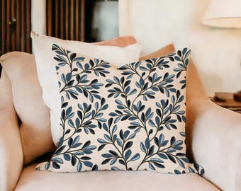 Leaf Vine Pillow Cover, Beige Linen Look, Boho Farmhouse