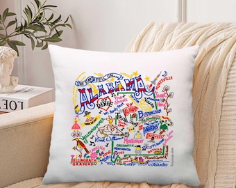 Alabama Throw Pillow Cover, Colorful Hand Drawn State Map Design, Souvenir Decor, Housewarming Gift