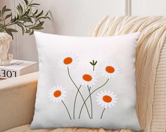 Daisy Floral Throw Pillow Cover, Orange Flower Print