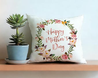Mother’s Day Throw Pillow Cover, Floral Wreath Text, Square Couch Cushion Case, Botanical Watercolor Print, Farmhouse Bedroom Decor,Mom Gift