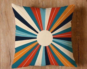 Geometric Sunburst Throw Pillow Cover: Mid Century Modern, Teal, Orange, Navy