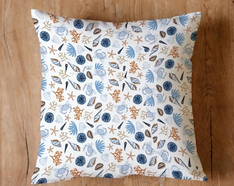 Seashell Coral Print Pillow Cover, Coastal Nautical Decor