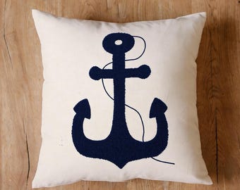 Navy Blue Anchor Throw Pillow Cover, Coastal Decor