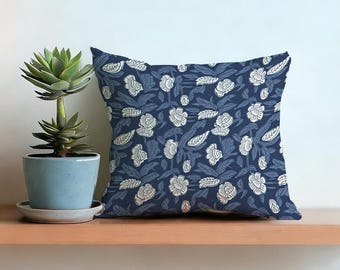Navy Floral Pillow Cover 18X18, Botanical Block Print Style, Removable Cushion Case, Modern Cottagecore Home Decor, Blue Throw Pillow Sham