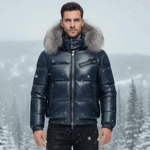 May include: A navy blue puffer jacket with a fur-trimmed hood. The jacket has a zip-up front, multiple pockets, and ribbed cuffs. The model is wearing black jeans. The background shows a snowy winter scene.