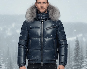 Herren Leder Steppjacke mit Kunstpelz Kapuze - Winter Warmer, Gepolsterter Mantel