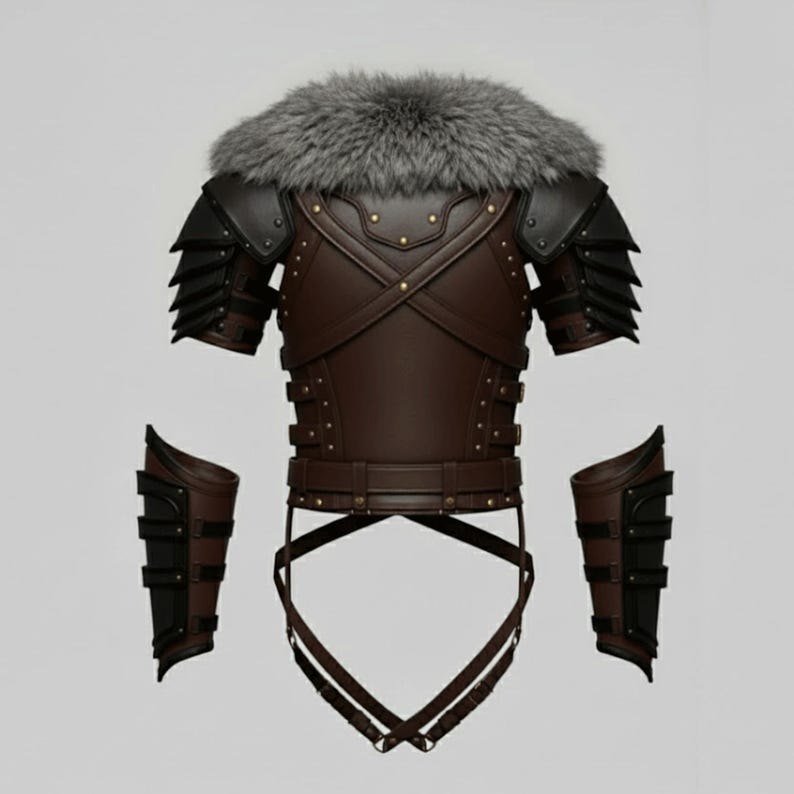 Op de afbeelding: Een bruin lederen en zwart pantser set met een imitatiebont kraag. Het borststuk heeft een kruisbandontwerp en is versierd met klinknagels. Inclusief schouder- en armbeschermers en riemen.