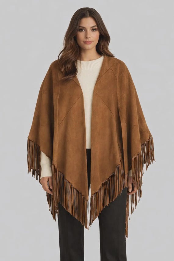 Women Brown Suede Fringe Poncho Jacket, Boho Western Cape Coat, Handmade Suede Shawl Wrap, Festival Cowgirl Style Outerwear