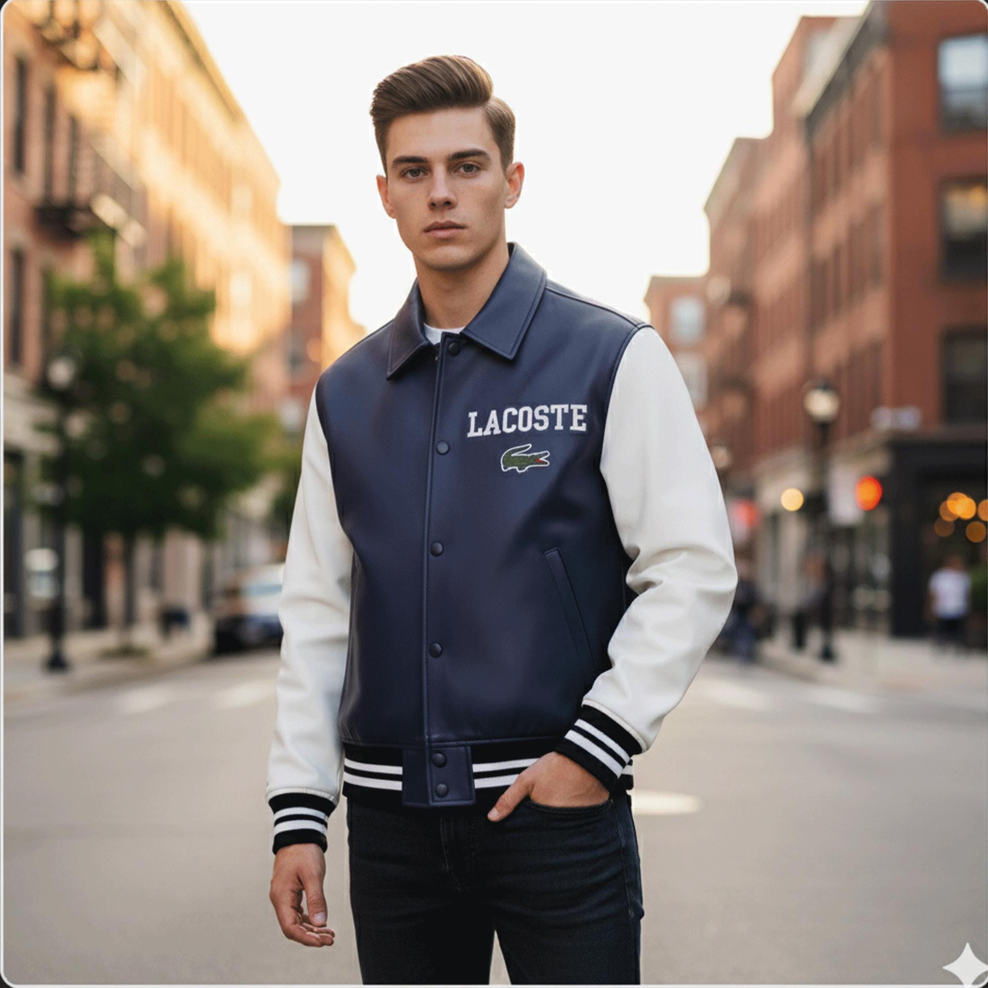 Lacoste Inspired Men's Lambskin Leather Bomber Jacket | Handmade