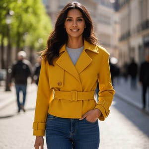 May include: A mustard yellow cropped jacket with a wide collar, long sleeves featuring buckled cuffs, and a matching belt with a rectangular buckle at the waist. The jacket is worn over a light gray ribbed top and paired with dark blue denim jeans.