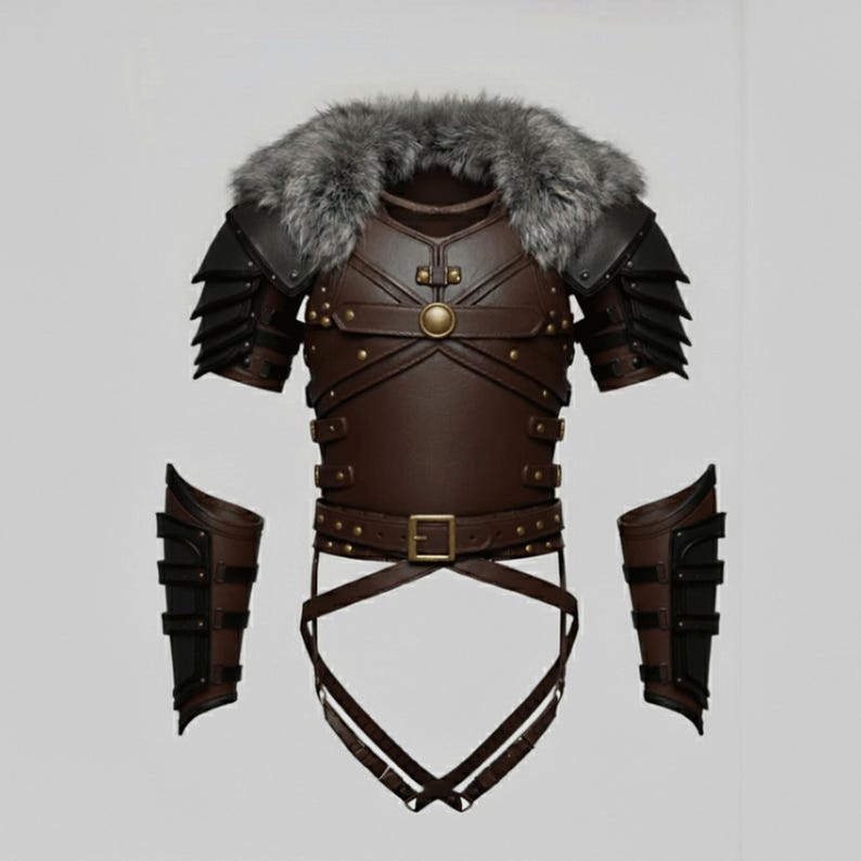 Op de afbeelding: Een bruine leren en bonten harnasset. Het borststuk heeft een bontkraag, schouderbeschermers en decoratieve klinknagels. De set bevat armbeschermers en een riem met een gesp. Het harnas is ontworpen voor cosplay of kostuimgebruik.