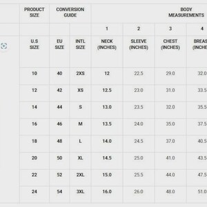 May include: Body measurements guide with a chart showing product sizes, conversion guides, and body measurements in inches. Includes neck, sleeve, chest, breast, waist, and height measurements. A diagram of a person is on the left.